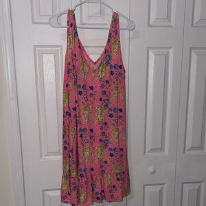 Lilly Pulitzer Pink Floral with Tigers Ruffle-Hem Midi Dress